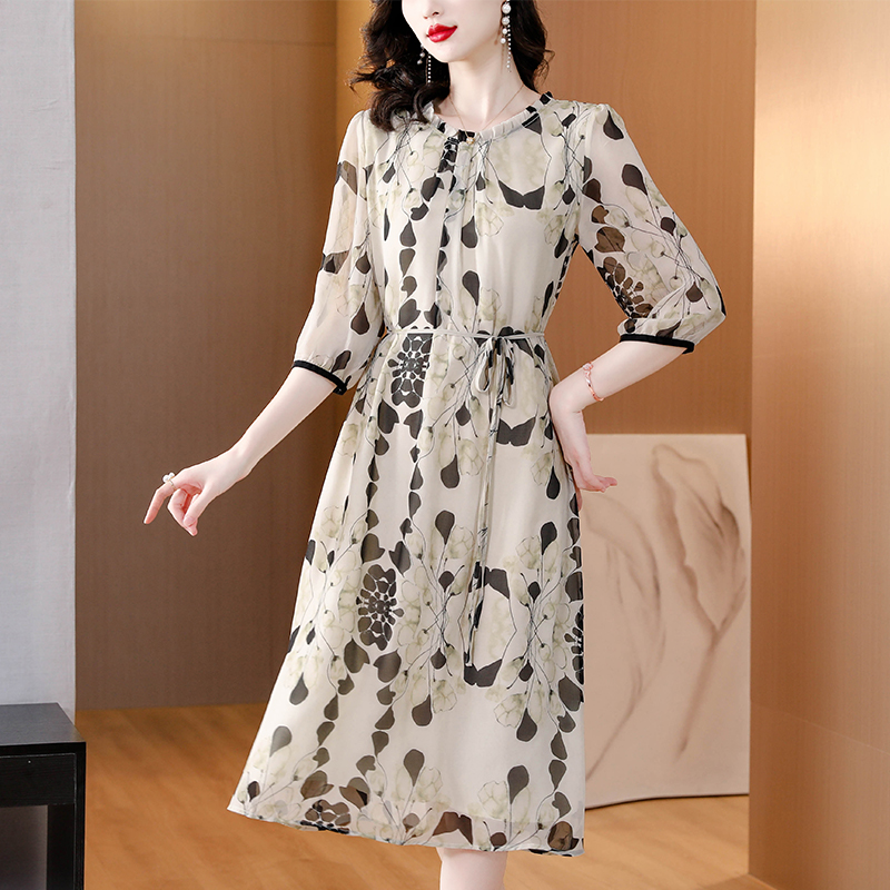 Women Formal Office Wear Tops - Gaun Midi Pantai Sutra Putih Motif