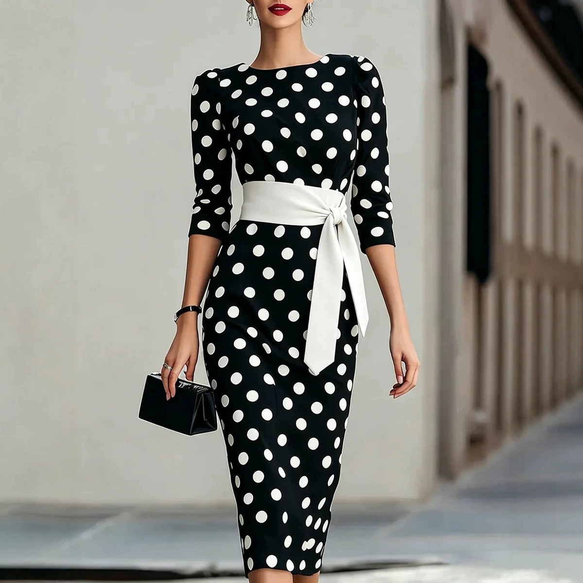Gaun Midi Wanita Elegan Hitam  - Women Formal Office Wear Tops ulasan dan harga