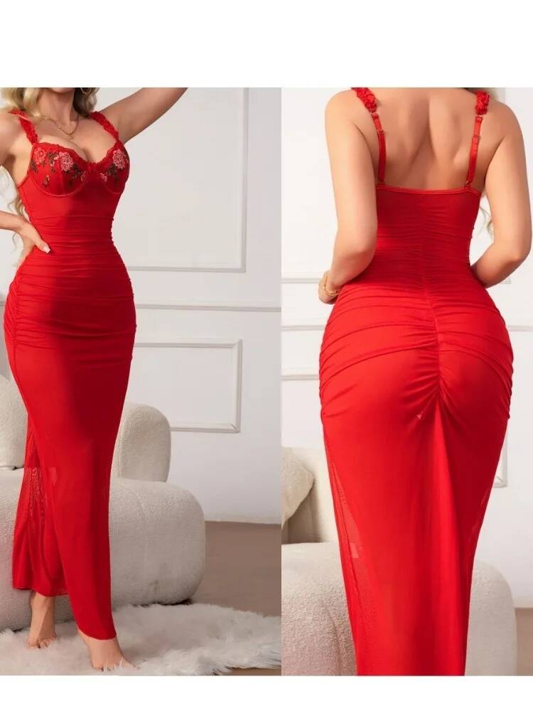 Gaun Ruched Merah dengan Tali  - Women Formal Wear Trends ulasan dan harga