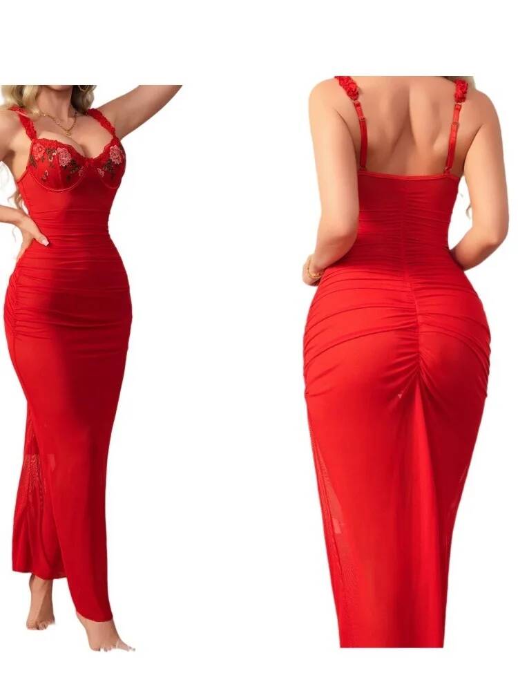 Gaun Ruched Merah dengan Tali  - Women Formal Wear Trends ulasan dan harga